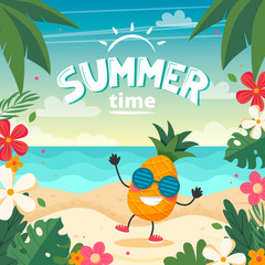 Summer time card with pineapple character, beach landscape, lettering and floral frame. illustration in flat style