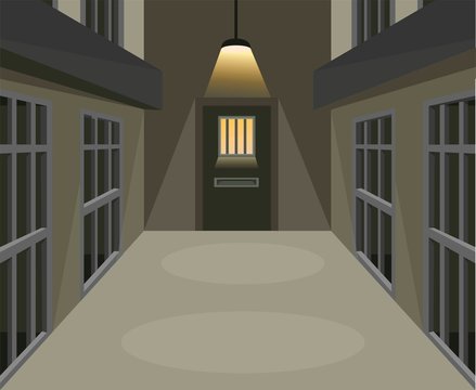 Prison cell corridor in dark scene concept in cartoon illustration vector 