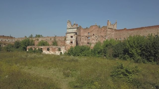 Stare Selo, UKraine - 9 8 2020: An ancient renaissance castle was destroyed. Aerial photography from a drone or quadcopter. Renovation of an architectural monument. Life of the nobility in the Old Vil