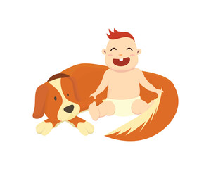 Baby Sitting Together with Dog Illustration