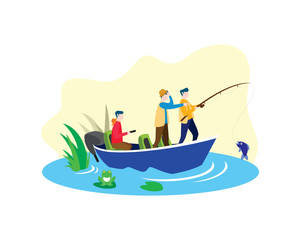 Fishing Together on the Boat at River or Swamp and Catching Fish Illustration