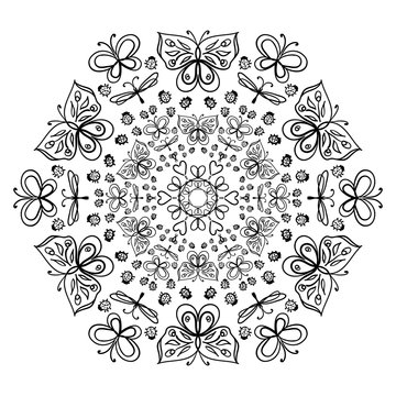 Mandala for coloring. With the image of a scarab beetle, a bee and a dragonfly.