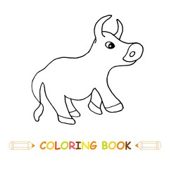 Bull coloring page vector illustration, cute farm animal in monochrome and colour version for kids coloring book