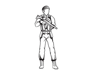 Fototapeta na wymiar Soldier with Steady Gesture Illustration with Silhouette Style