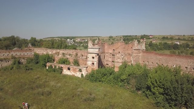 Stare Selo, UKraine - 9 8 2020: An ancient renaissance castle was destroyed. Aerial photography from a drone or quadcopter. Renovation of an architectural monument. Life of the nobility in the Old Vil