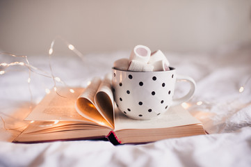 Mug of coffee with marshmallow on open book and folded pages in heart shape closeup. Winter season.