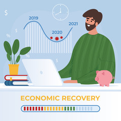 Economic recovery concept after coronavirus crisis. Man works at computer and looks at the graph of economic growth. Vector illustration in flat style