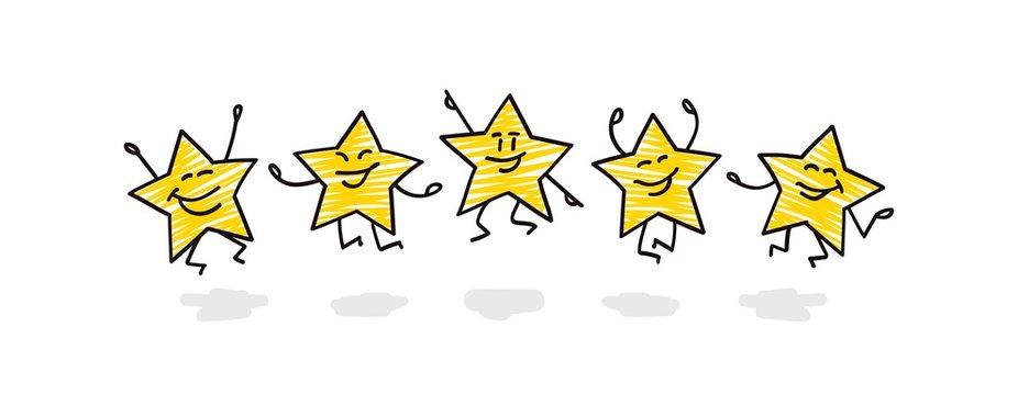 Doodle stick figures: five funny stars are jumping.