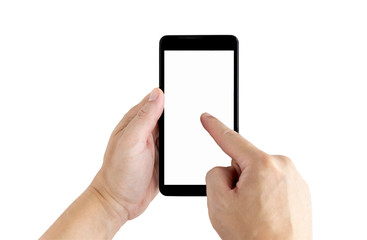 Hand of a white man holding a black smartphone and a white screen at a isolate background with clipping path.