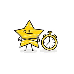 Doodle stick figures:  funny star with stopwatch.