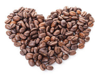 Coffee beans big heart isolated on white background