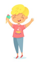 Happy kid jumping with joy eating icecream. Cute child having fun and smiling on birthday party. Entertainment and amusement leisure vector illustration. Summer holidays time
