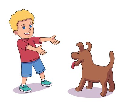 Kid getting pet dog for birthday present. Little boy receiveing puppy as gift from parents. Cute dog brings joy and happiness on holiday. Realistic congatulation from family vector illustration