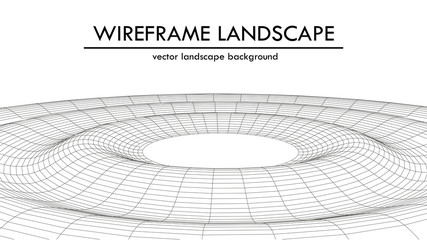 Wireframe 3D landscape mountains. Wireframe landscape wire. 3d landscape. Digital retro landscape cyber surface.  illustration.