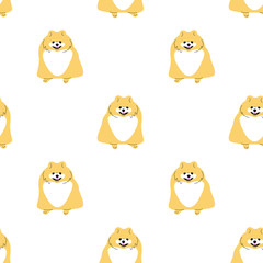 Repeat seamless pattern with flat style cute pomeranian spitz dogs on white background. Stock vector