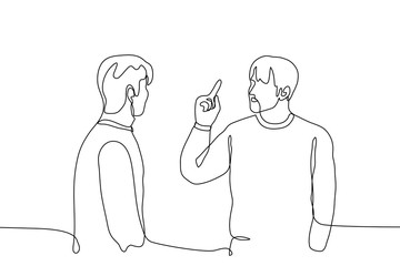 two men face each other, one of whom gestures with his right hand with his forefinger out. One continuous line drawing concept of boss and subordinate, father and son, teacher and student, order