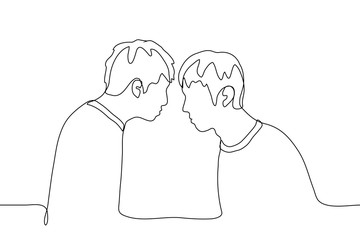two men stand close, facing each other belligerently and aggressively, they look into each other's eyes (point blank). one continuous line drawing concept conflict, clash of interests, competition