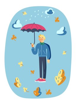 Man in autumn under umbrella. Cute doodle of boy in city scene. Happy guy walking, sky with clouds and rain, leafs flying in fall. Active leisure in nature vector illustration