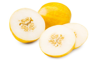 whole and slices of melons isolated on a white background