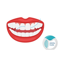 Flossing your teeth. Dental cleaning with dental floss. Oral hygiene. An open mouth with even white teeth. Aesthetic dentistry.Prevention of caries.Vector illustration in flat style. Isolated on white
