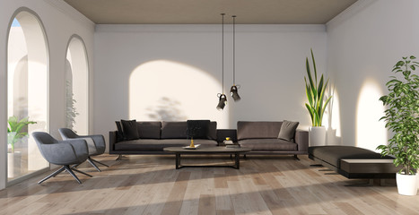 Large luxury modern minimal bright interiors room mockup illustration 3D rendering
