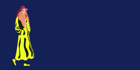 Illustration of women running in autumnal warm yellow outfits with a scarf in shoes. Concept of beautiful and fashionable young girl Great for flyer advertising or promotion with autumn sale discount