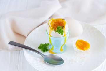 Soft boiled egg in egg cup with herbs and spices for breakfast