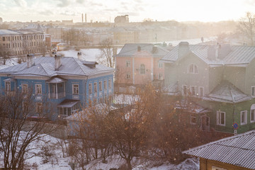 Fototapeta na wymiar Winter rooftop cityscape of small Russian town