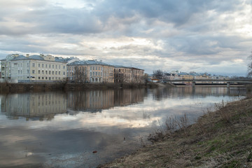 Russian river cityscape at autumn time