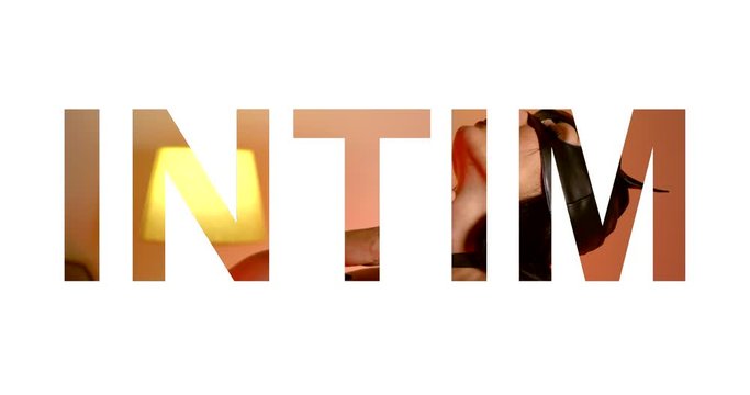 The word intim on a white isolated background. Transparent text masked woman in neon light