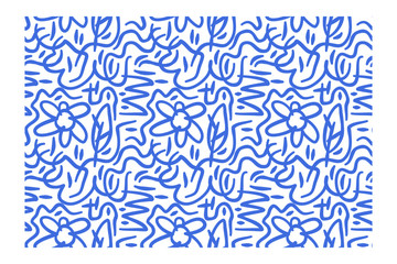 Seamless pattern of blue lines of scrawl and flower.