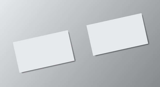 Two white business cards on background in space. White empty paper. Vector illustration. 3d template for design with shadow. 