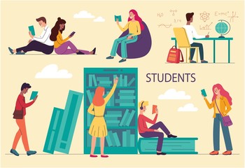 Diverse multiracial college or University students studying. Solving physical and chemical problems, write formulas, read books in the library, and listen to podcasts. Flat vector illustration.