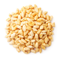 Heap of puffed rice on a white. Top view.