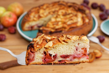 Closeup piece of homemade pie with apples and plums with almond petals. Shallow focus.