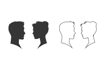 Man and woman silhouette face to face. Line icon set. Vector illustration