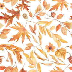Autumn leaves seamless pattern. Watercolor floral ornament for web, wallpaper, cover of fabric.