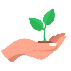 Vector illustration, icon. Hand holds a green sprout. Enviroment protection, ecology.