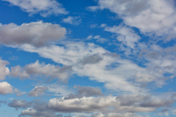 Obraz premium White and gray clouds in the backlight against the blue sky.