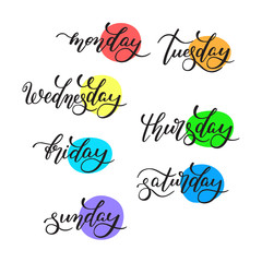 Lettering days of the week - Monday, Tuesday, Wednesday, Thursday, Friday, Saturday, Sunday. Handwritten words for calendar, weekly plan, organizer.