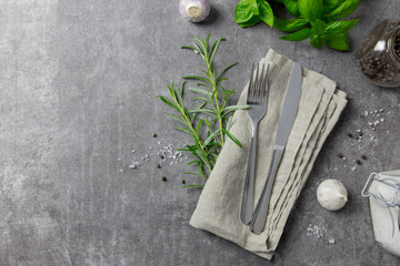 Cutlery set. Stylish silver cutlery and napkin with spice. Top view. Copy space.