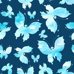 silhouettes of butterfly on a dark blue background, seasmless pattern