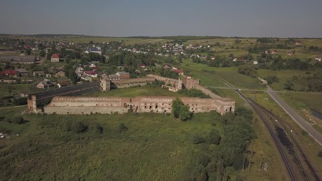 Stare Selo, UKraine - 9 8 2020: An ancient renaissance castle was destroyed. Aerial photography from a drone or quadcopter. Renovation of an architectural monument. Life of the nobility in the Old Vil