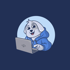 cute dog is operating the laptop,suitable for logo, icon and sticker.
