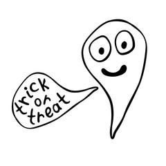 Cute kawaii creepy ghost. Vector outline illustration in doodle style. For Halloween design, postcard, sticker, invitation, party poster, advertisement, coloring page