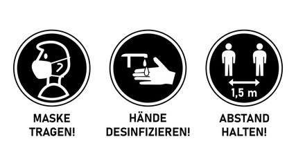 Fototapeta na wymiar Round Instruction Signs in German with Basic Set of Measures against the Spread of Coronavirus Covid-19 including Wear a Mask, Sanitize Hands and Keep Distance 1,5 m or 1,5 Meters. Vector Image.