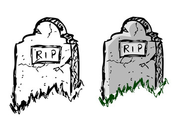 Simple Vector Doodle Hand Draw Sketch, Christian Stone Grave and grass, Isolated on White
