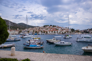 Naklejka na ściany i meble Hvar/Croatia-August 4th,2020: Beautiful center of Hvar town, popular tourist and sailing destination in the adriatic sea