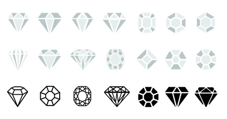Jewels diamond icons. Diamonds gems, luxury jewel gemstones and precious gem. Crystal gemstone, jeweler gems precious or jeweller brilliant treasure. Isolated vector bijou, precious flat line pattern 