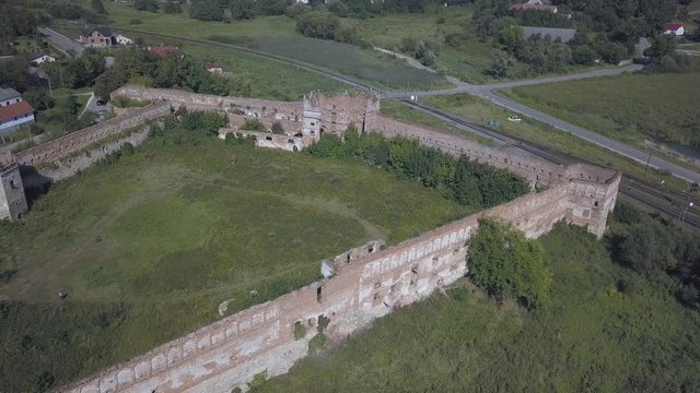 Stare Selo, UKraine - 9 8 2020: An ancient renaissance castle was destroyed. Aerial photography from a drone or quadcopter. Renovation of an architectural monument. Life of the nobility in the Old Vil